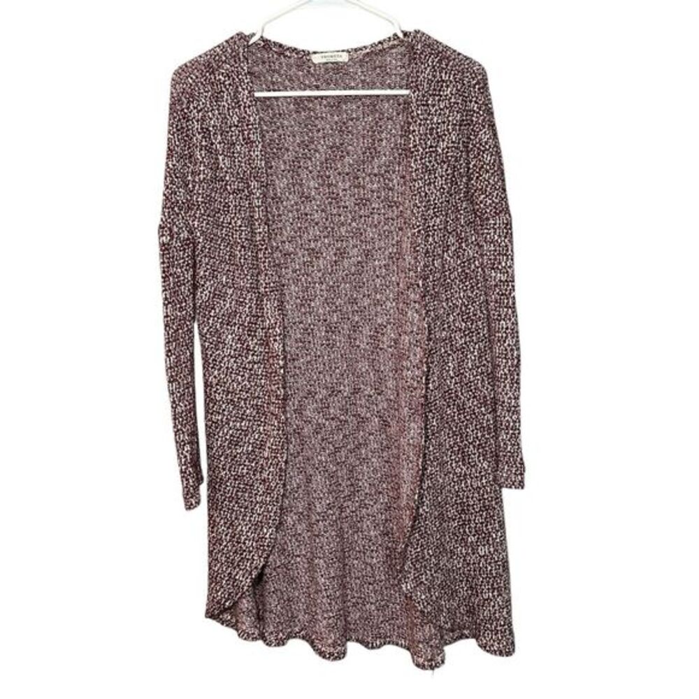 Promesa Open Front Cardigan Women Sz M Red White Black Marl Knit Layers Academia